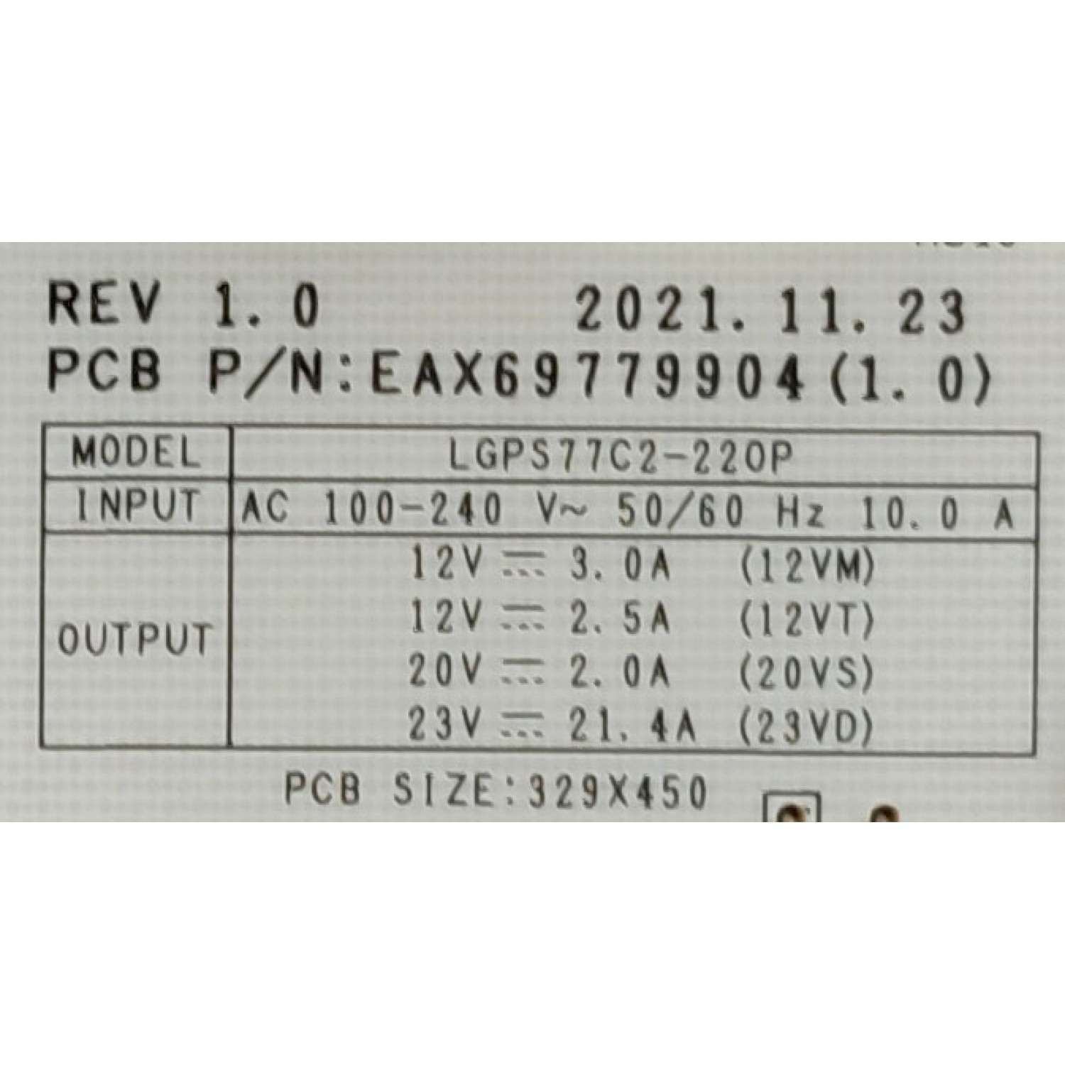 FUENTE DE PODER PARA TV G / NUMERO DE PARTE EAY35967803 / EAX69779904(1.0) / LGPS77C2-220P / GN9GA359678034580 / 2GPRSL2Q-0001 / PANEL AC770AQL CQA1_RS / MODELO OLED77C2AUA.DUSQLJR	 - Imagen 3